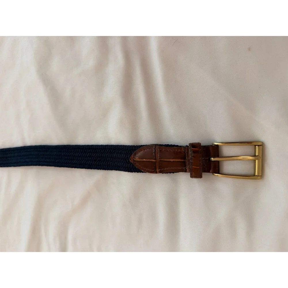 Navy Blue Woven Stretch Belt Brown Crocodile Embossed Leather Trim Gold Buckle